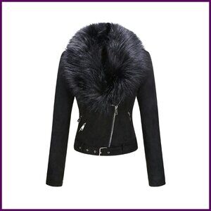 Faux Leather Moto Jacket Sherpa Lined Removable Belt Winter Coat